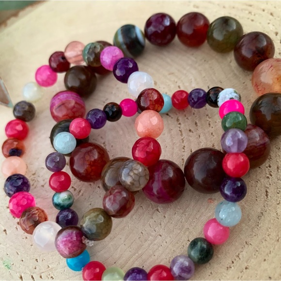 Natural Multi-Color Dyed Faceted Round Agate Gemstone Mixed Bead Bracelet Stack - Picture 8 of 13